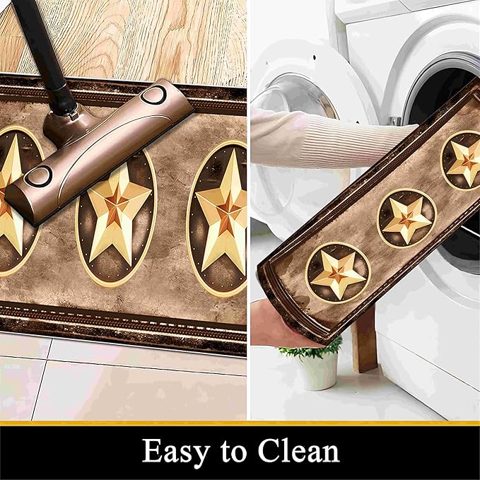 Gold Five-Point Star Runner Rug, 2x10ft Washable Hallway Badge Carpet, Corridor Accent Rugs, Stylish Decorative Runner for Home Hallway & Foyer, Vintage Style Non-Slip Mat