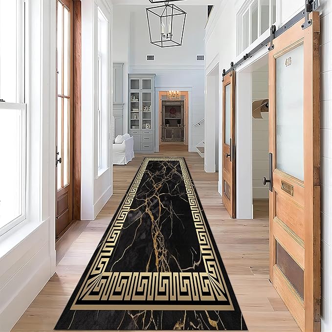 Black Gold Marble Texture Entryway Carpet, 2x8ft, Greek Key Geometric Design Bedroom Rug, Abstract Gold Crack Breathable Floor Rugs, No Crease Washable Carpets for Front Door