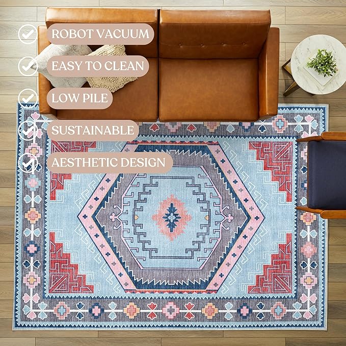 Fame Living Washable Area Rug. Modern Farmhouse. Vintage. Turkish. Bohemian. Distressed. Oriental. Traditional. Rugs for Living Room. Dining. Bedroom. Office. Entryway. Foyer. (856BlM, 9' x 12')