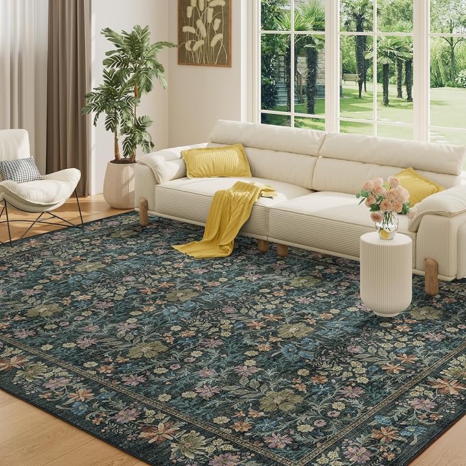 DUKINO 6x9 Rugs for Living Room, Vintage Washable Rug with Non Slip Backing, Floral Low Pile & Non-Shedding Large Area Carpets for Bedroom, Dining Room, Farmhouse, Home Office, Blue