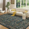 DUKINO 6x9 Rugs for Living Room, Vintage Washable Rug with Non Slip Backing, Floral Low Pile & Non-Shedding Large Area Carpets for Bedroom, Dining Room, Farmhouse, Home Office, Blue