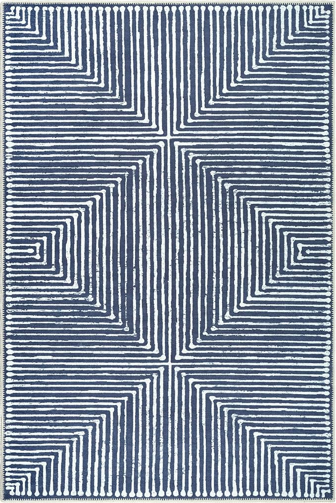 Bloom Rugs Washable Non-Slip 4' x 6' Rug - Blue Striped Area Rug for Living Room, Bedroom, Dining Room, and Kitchen - Exact Size: 4' x 6'