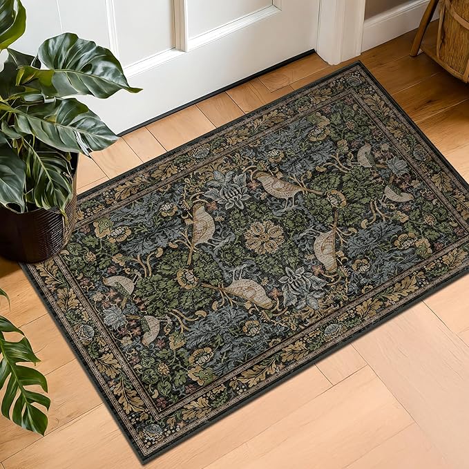 Washable Dark Vintage Floral Rugs for Entryway - Small 2x3 Washable Rug for Kitchen Bathroom Door Mat Indoor Entrance with Bird & Botanical Pattern, Brown Earthy Tones, Non Slip Low Pile