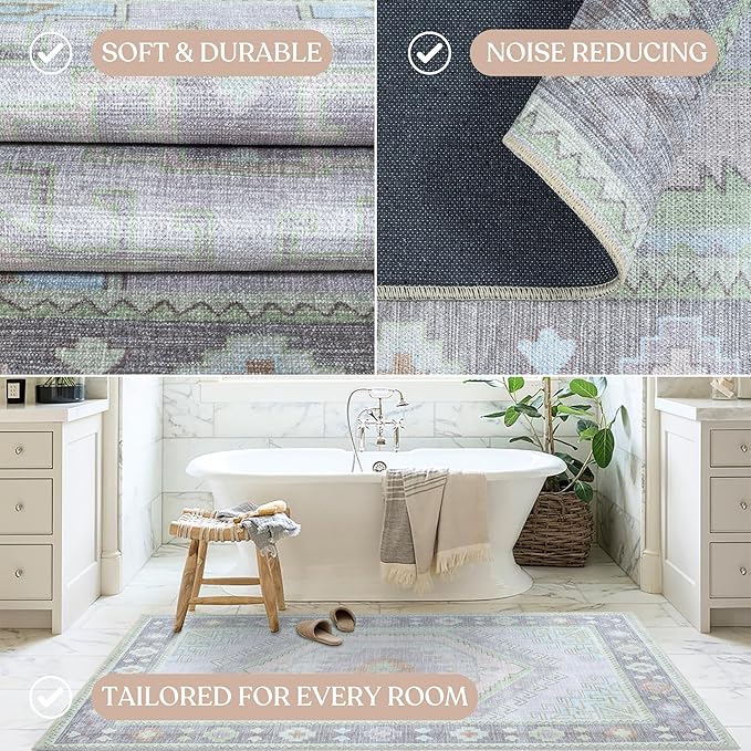 Fame Living Washable Area Rug. Modern Farmhouse. Vintage. Turkish. Bohemian. Distressed. Oriental. Traditional. Rugs for Living Room. Dining. Bedroom. Office. Entryway. Foyer. (856GrnCrm, 2'5" x 4'9")