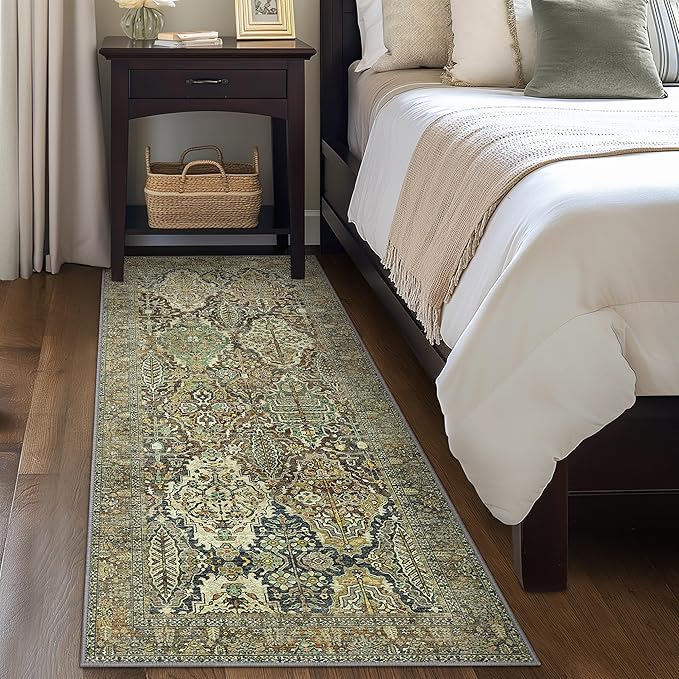 2x7 Runner Rug Machine Washable Boho Runners for Hallway,Ultra-Thin Low Pile Rug,Lightweight Indoor Carpet,Non Slip Floral Runners for Enrtyway, Corridor, Home Office, Kitchen,Sage Green