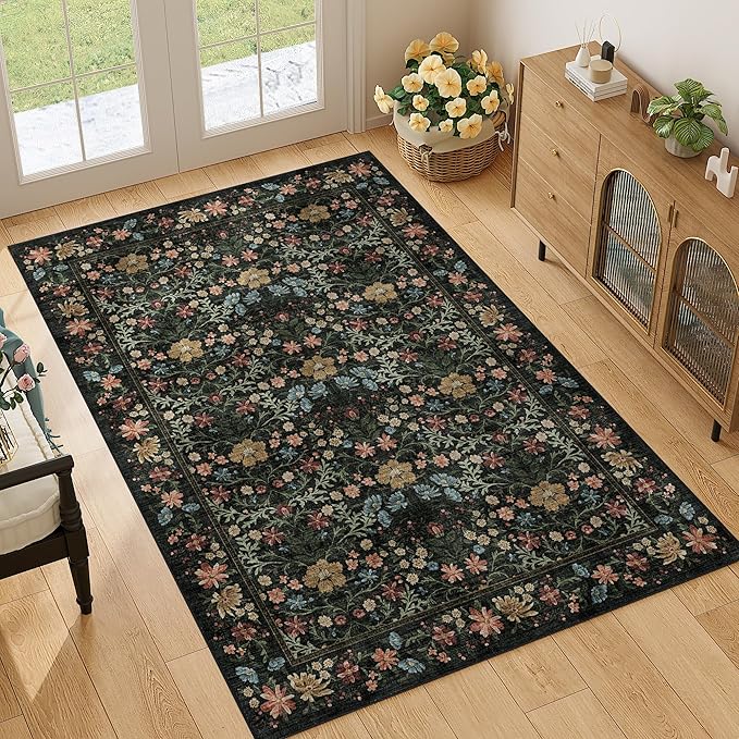 DUKINO 4x6 Rugs for Living Room, Lightweight Non Slip Washable Rug with Low Pile Design, Vintage Floral Non-Shedding Soft Carpet for Living Room, Bedroom, Farmhouse, Office, Bathroom, Black
