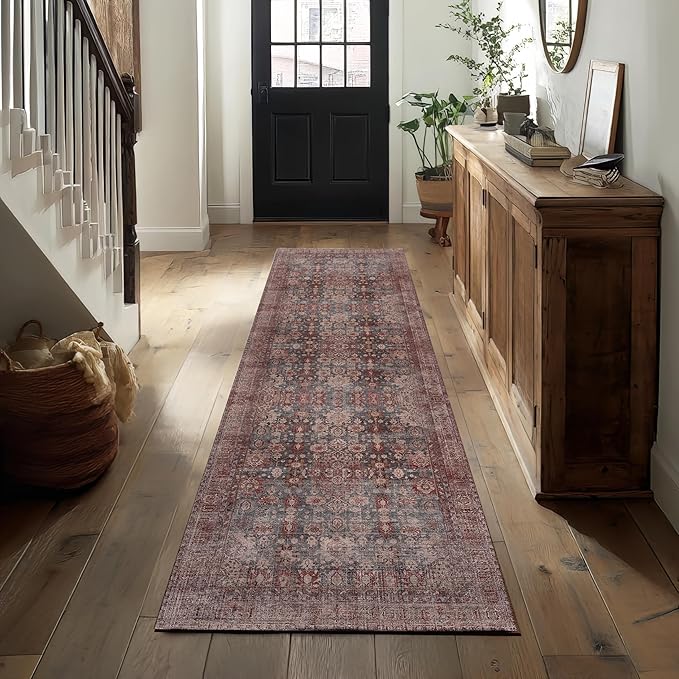 Kuden 2'6"x7' Runner Rug, Machine Washable Area Rug with Non-Slip Backing, Vintage Style, Soft, Easy Clean, Low Pile Rug for Hallway, Entryway, Kitchen, Bedroom