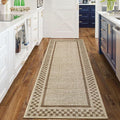Washable Runner Rug 2x10 Modern Bordered Hallway Runner Rug Non Slip Kitchen Throw Carpet Checkered Bathroom Entryway Runner Rugs Low Pile Solid Area Rugs for Living Room Bedroom Nursery Sink, Taupe