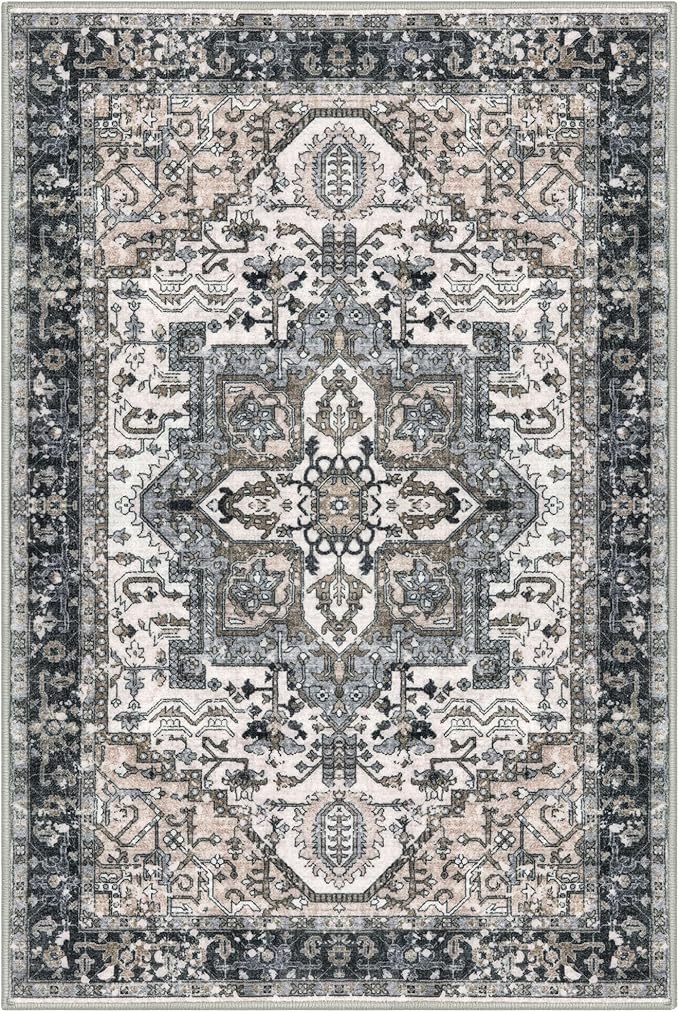 KOZYFLY Small Area Rug 2x3 Ft Rugs for Entryway Washable Boho Entry Rug Non Slip Door Mat Indoor Entrance Faux Wool Vintage Printed Kitchen Rug Throw Rugs for Entrance Kitchen, Black/Taupe/Beige