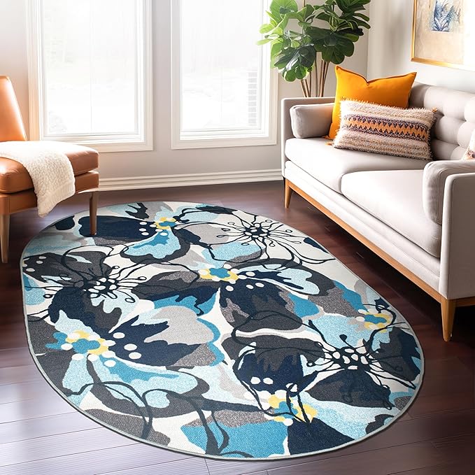 Rugshop Gray Large Floral Non-Slip Area Rug Fade Resistant for Living Room, Dining Room and Bedroom, 5' x 7' Oval