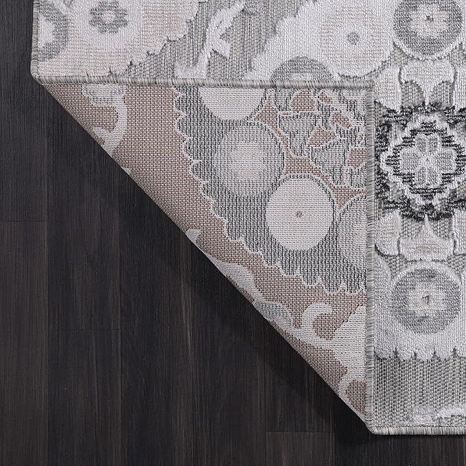 CAMILSON Indoor Outdoor Rug 6x9 Bohemian Medallion Floral Area Rugs for Indoor and Outdoor Patios Easy-Cleaning Non-Shedding Living Room Garden and Kitchen Washable Outside Carpet (6 x 9 / Gray)
