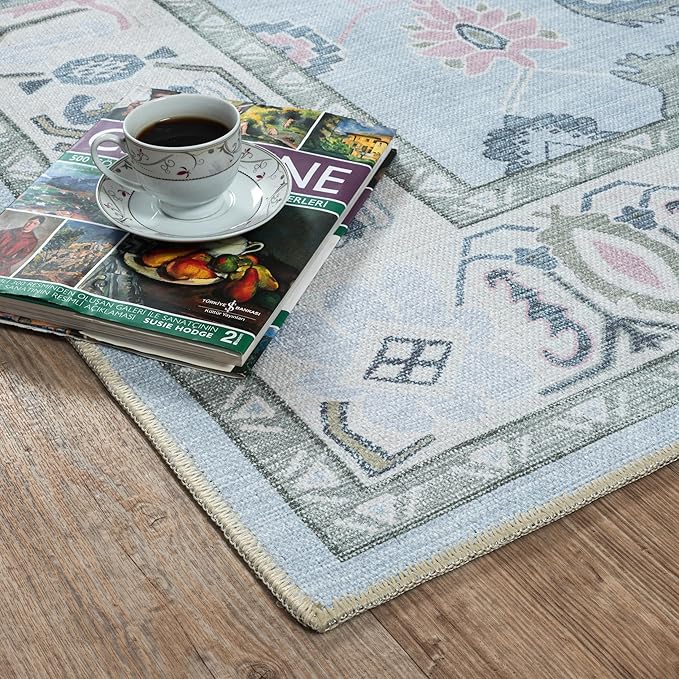 Fame Living Cream Blue Oushak Rug, Modern Small Rugs, Vintage, Turkish, Eclectic, Floral, Pastel, Washable, Door Mat, Doormat for Indoor Entrance, Entryway, Kitchen, Bathroom, Bedroom, Laundry, 2'x3'