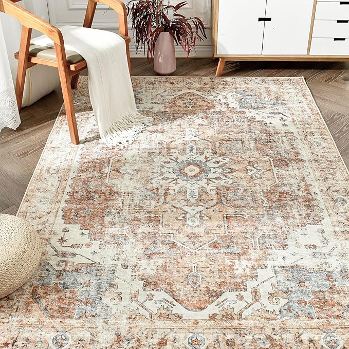 jinchan Area Rug 6x9 Washable Living Room Rug Vintage Indoor Large Floor Cover Distressed Lightweight Non-Slip Low Pile Thin Mat Accent Stain Resistant Carpet for Bedroom Dining Room Office Brick Red