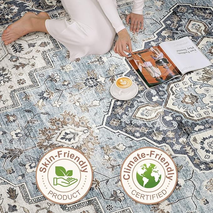 9x12 Area Rug Living Room: Washable Boho Large Neutral Vintage Soft Rugs Stain Resistant Farmhouse Non-Slip Indoor Floor Carpet for Bedroom Nursery Kids Playroom Office Dining Room House- Blue Tan