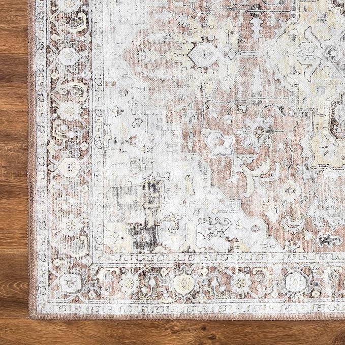 Bloom Rugs Washable Non-Slip 4' x 6' Rug - Blush/Beige Traditional Medallion Area Rug for Living Room, Bedroom, Dining Room, and Kitchen - Exact Size: 4' x 6'