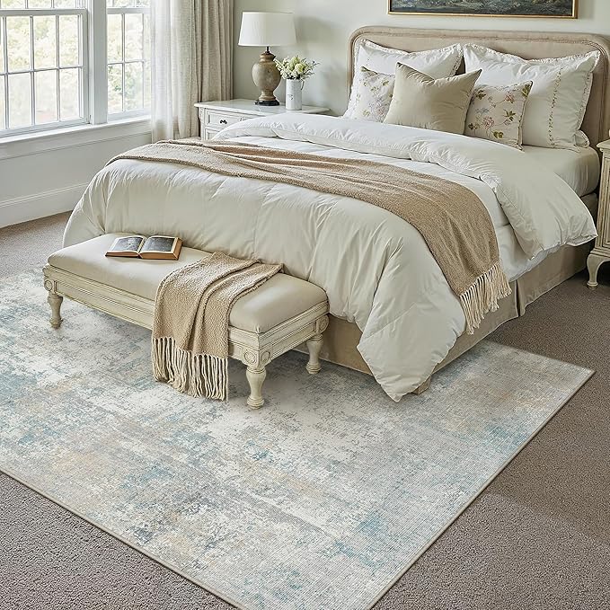 5x7 Washable Area Rug Blue Cream Abstract Living Room Bedroom Carpet Neutral Modern Non-Slip Soft Low Pile Lightweight Vacuumable Throw Rug for Dining Room Entryway