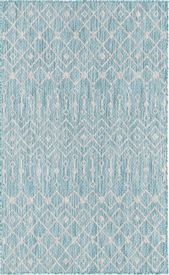 Unique Loom Outdoor Trellis Collection Area Rug - Tribal Trellis (3' 3" x 5' 3" Rectangle, Aqua/ Ivory)