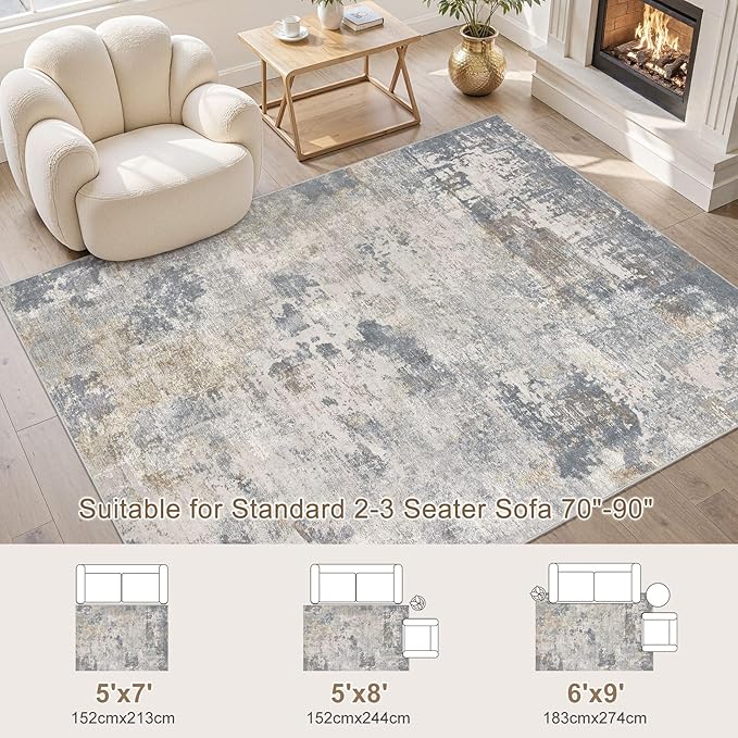 5x7 Area Rug Living Room Rugs - Washable Neutral Modern Abstract Soft Thin Large Rug Indoor Floor No Slip Rug Carpet for Bedroom Under Dining Table Home Office Decor - Blue Grey