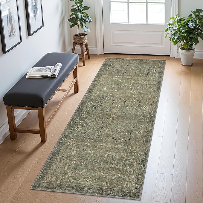 2x5 Runner Rug Machine Washable Boho Runners for Hallway,Ultra-Thin Low Pile Rug,Lightweight Indoor Carpet,Non Slip Floral Runners for Enrtyway, Corridor, Home Office, Kitchen,Brownish Green