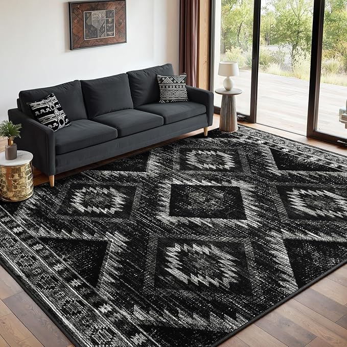 Area Rug 7x9 Rug Machine Washable Non-Slip Low Pile Print Pattern Western Rug for Living Room Bedroom Entryway Tribal Series-Black