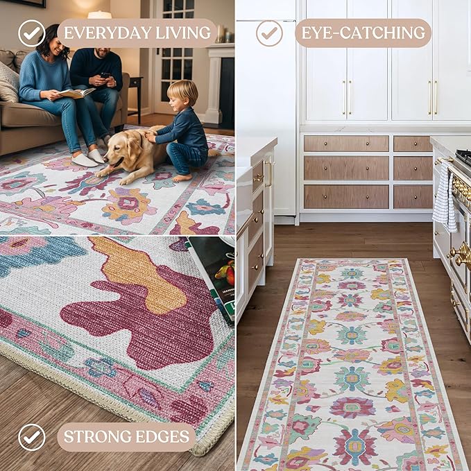 Fame Living Pink Oushak Runner Rug, Modern Runners, Vintage, Turkish, Eclectic, Floral, Pastel, Washable, Runner for Hallway, Kitchen, Bedroom, Bathroom, 2'5"x9'8"