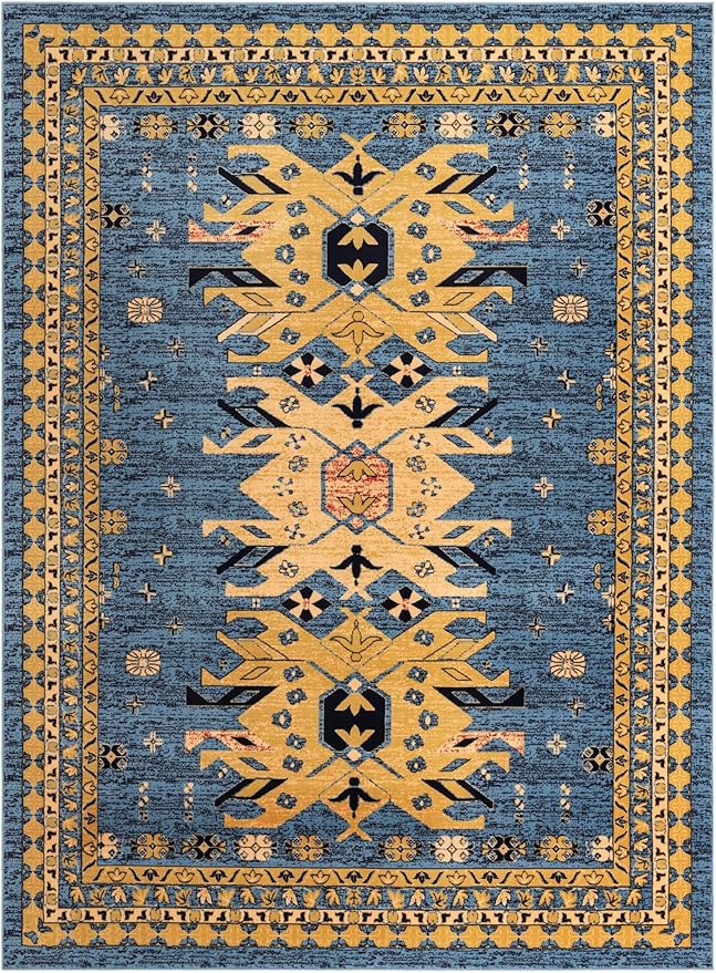 Unique Loom Taftan Collection Border Geometric Tribal Inspired Design Area Rug (9' 10 x 13' 0 Rectangular, Light Blue/ Gold)