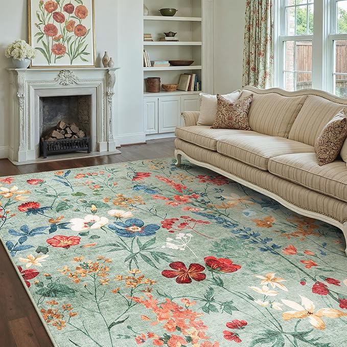 Green Area Rug 5x7 Floral Washable Living Room Kitchen Boho Carpet Non Slip Low Pile Indoor Accent Lightweight Soft Throw Rug for Bedroom Office Dining Room Nursery Farmhouse