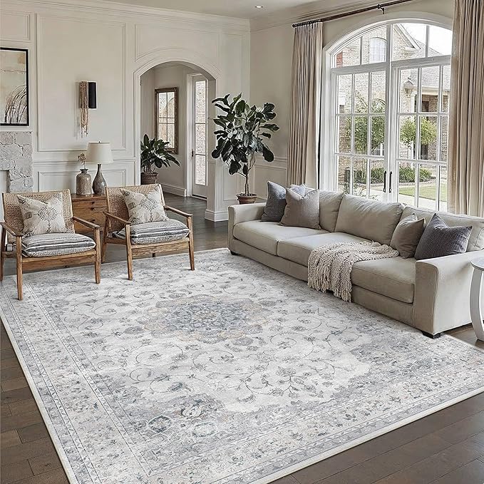 HUGEAR Machine Washable Area Rugs 8x10 Vintage Blue Large Living Room Bedroom Rug Neutral Style Non Slip Stain Resistant Low Pile Throw Carpet for Home Retro Aesthetic Modern Decor