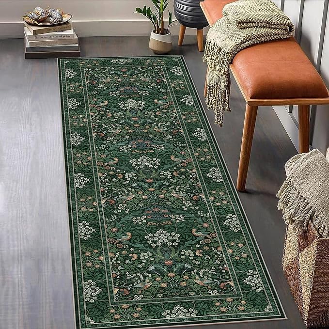 2x6 Floral Washable Area Rugs Soft Runner Rug for Living Room, Vintage Boho Hallway Rug for Bedroom Dining Room, Distressed Botanical Birds Non Slip Low Pile Throw Carpet for Office, Bright Green