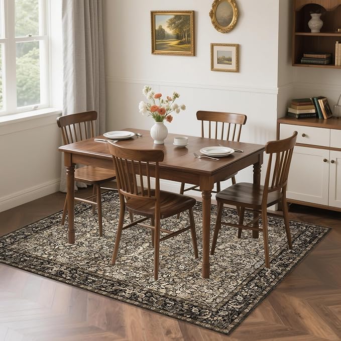 Washable Living Room Rug: 5x7 Boho Floral Soft Area Rug for Bedroom Decor - Vintage Low Pile Thin Carpet for Dining Room Non-Slip - Farmhouse Stain Resistant Rugs - Dark Brown