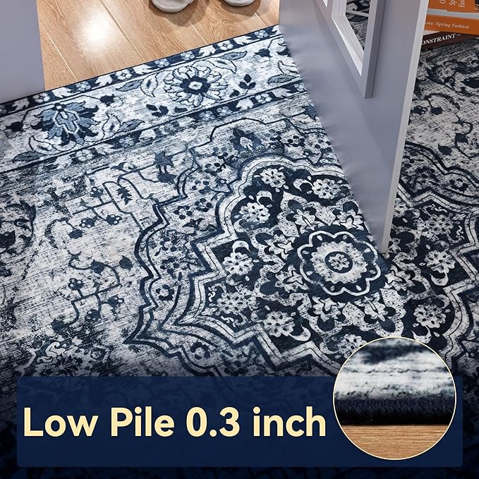 YJ.GWL Area Rugs for Living Room 4x6 Machine Washable Rugs for Bedroom, Non Slip Floral Vintage Rug Indoor Carpet, Stain Resistant Throw Rug for Dining Room Kitchen, Navy Blue