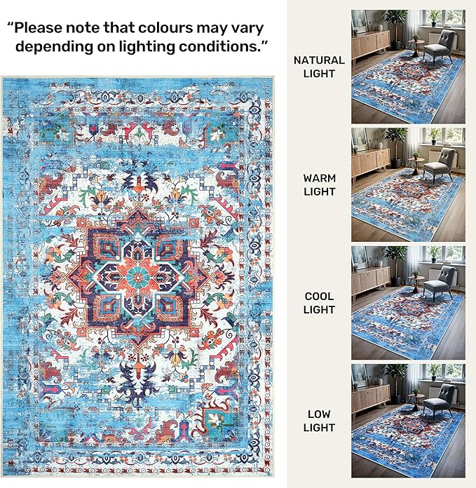 GLN Rugs Traditional Collection - Machine Washable Area Rug, Traditional Washable, Non Slip, Low Pile Chenille Rug, Living Room, Bedroom, Kitchen Rug (6' x 9' Blue/Multicolor)