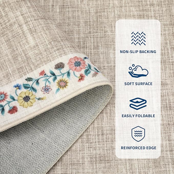 GarveeHome 4x6 Area Rugs for Bedroom Living Room Machine Washable Rugs Floral Bordered Small Carpet Non-Slip Stain Resistant Accent Carpet for Dining Room Table Apartment Office, Light Camel