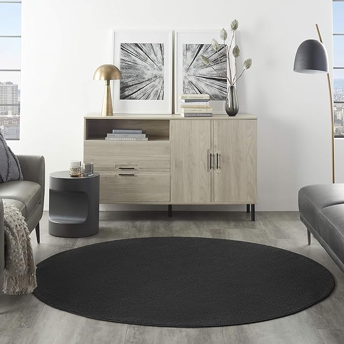 Nourison Home Nourison Essentials Black 6' x Round Area Rug - Easy Clean, Non Shedding, Bed Room, Living Room, Dining Room, Kitchen (6' x Round)