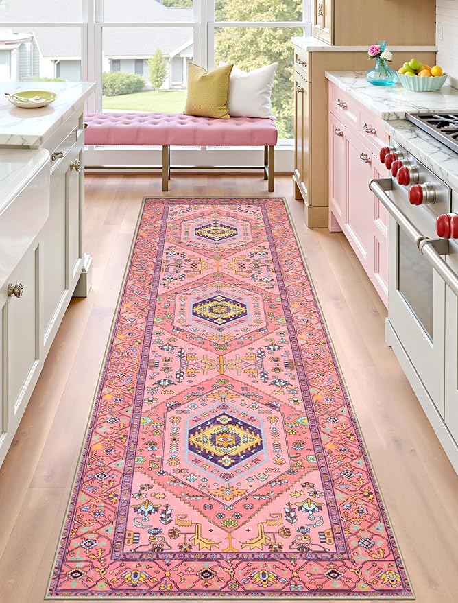 SERISSA Runner Rug for Hallways, 2'6"x10' Washable Non Slip Kitchen Runner Rug, Ultra Soft Cute Boho Aesthetic Rug Long Fuchsia Pink Floor Carpet for Bedroom Bathroom Laundry Living Room