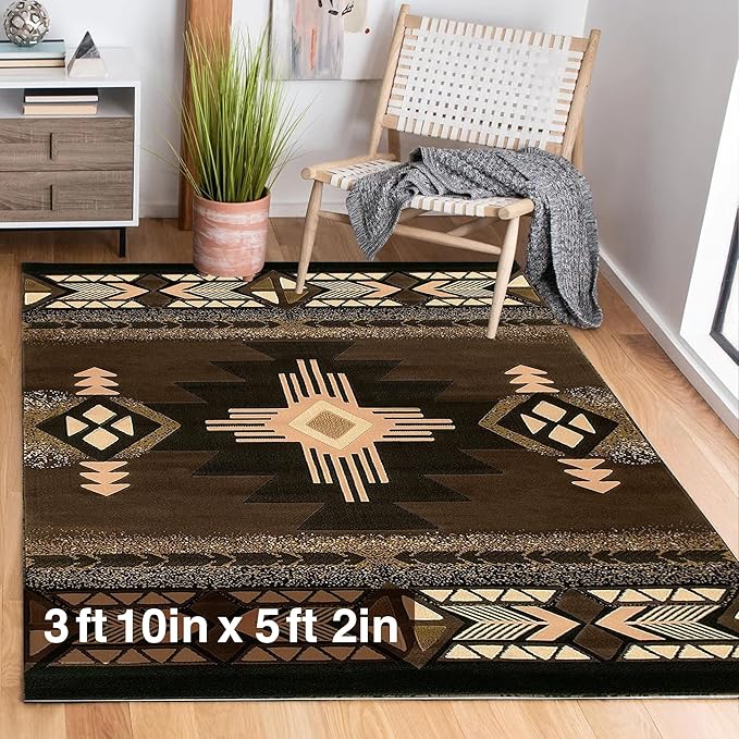 YHSF South West Native American Area Rug C318 - Easy Clean, Thick, Soft, Durable Native Tribal American Indian Inspired Rug for Bedroom/Living Room and More - Chocolate Brown, 3 ft 10 in x 5 ft 2 in