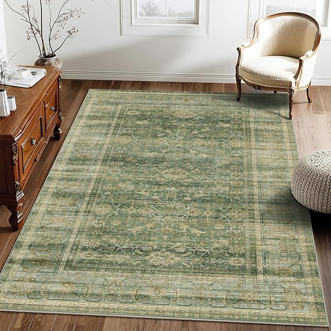 HelloTree Vintage Area Rug 3x5 Green Entryway Office Washable Carpet Non Slip Backing Printed Distressed Rugs for Bedroom Vintage Boho Tribal Area Rugs for Bathroom Bedroom Dining Living Room-Green