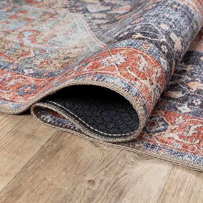 Bloom Rugs Washable Non-Slip 7 ft Runner - Terracotta/Blue Traditional Medallion Runner for Entryway, Hallway, Bathroom, and Kitchen - Exact Size: 2.5' x 7'