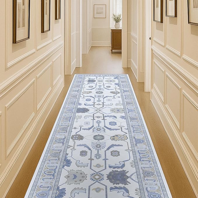 Fame Living Cream Blue Oushak Runner Rug, Modern Runners, Turkish, Eclectic, Floral, Pastel, Washable, Small Throw Rugs, Short Runner for Hallway, Laundry, Foyer, Bedroom, Kitchen, Bathroom, 2'5"x6'5"