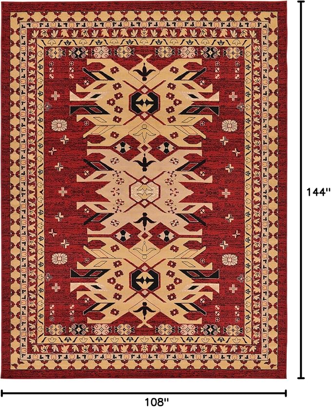 Unique Loom Taftan Collection Border Geometric Tribal Inspired Design Area Rug (9' 0 x 12' 0 Rectangular, Red/ Gold)