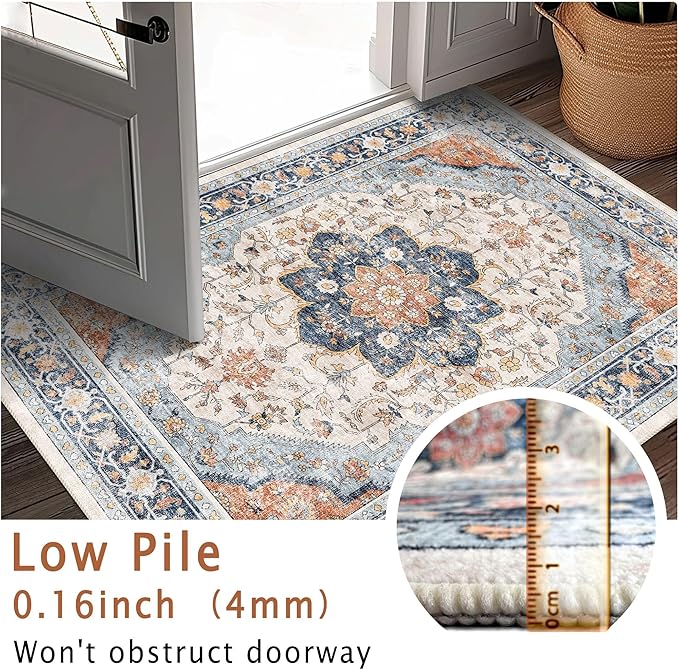 vivorug Boho Runner Rug 2x10 Machine Washable Rug with Non-Slip Backing, Ideal for Kitchen Hallway Entryway Laundry Room - Vintage, Durable, Easy Clean, Low Pile Carpet Runner Orange/Navy