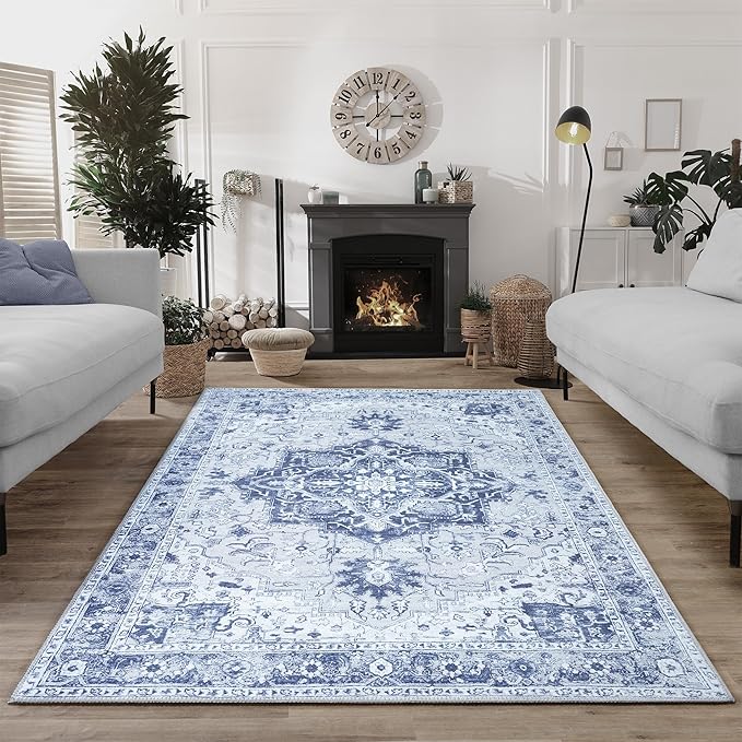 Bloom Rugs Washable Non-Slip 5' x 7' Rug - Gray/Blue Traditional Medallion Area Rug for Living Room, Bedroom, Dining Room, and Kitchen - Exact Size: 5' x 7'