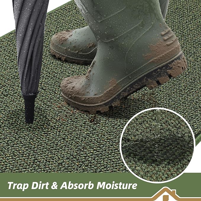 BEQHAUSE Dirt Trapper Door Mat 17" x 30", Non-Slip Doormats (Rolled-Up NO Creases) Washable Entryway Rug, Dirt Resist and Absorbent Welcome Mat, Low Profile Floor Mats for Front Back Door, Green