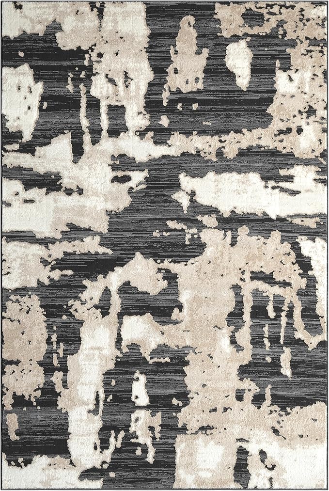 Abani Terra Cream Area Rug for Living Room, Bedroom - Black Abstract Pattern - 4' x 6' - Durable & Easy to Clean