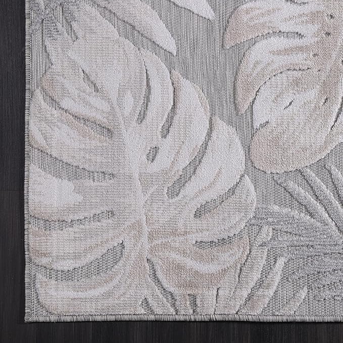 CAMILSON Indoor Outdoor Rug, Beige 5x7 Leaf Tropical Botanical Area Rugs for Indoor and Outdoor patios, Easy-Cleaning Non-Shedding Living Room, Garden and Kitchen Washable Outside Carpet (5 x 7)