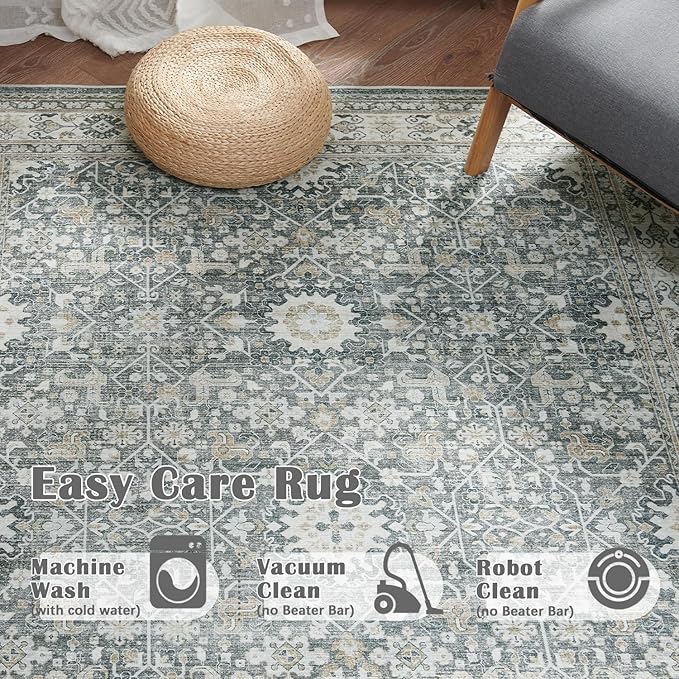 jinchan Area Rug 3x5 Washable Entryway Rug Distressed Gray Multi Vintage Floral Kitchen Print Floor Cover Indoor Doormat Retro Bathroom Living Room Bedroom Office Farmhouse Grey
