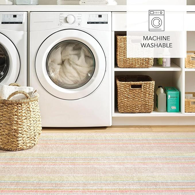 Dash and Albert Ana Ticking Machine Washable Area Rug - 2.5' x 8' Runner Aqua Stripe Washable Accent Rug - Durable, High Traffic Area Kitchen, Hallway, Bedroom