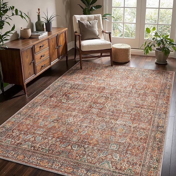 10x14 Area Rug Machine Washable Boho Rug for Living Room,Ultra-Thin Low Pile Carpet,Lightweight Indoor Printed Rug,Non Slip Floral Area Rug for Bedroom, Dining Room, Home Office,Terracotta/Indigo