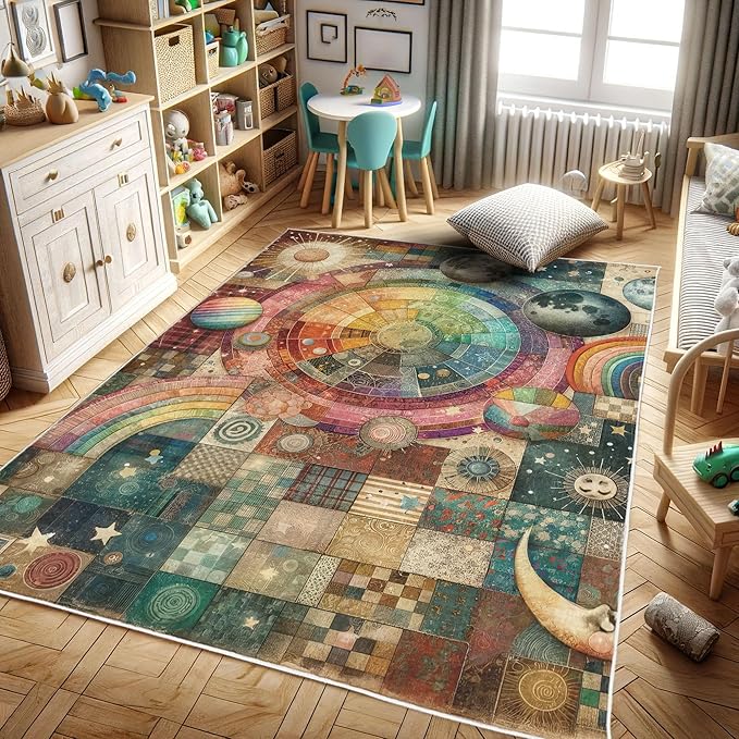 Ambesonne Planets Decorative Rug, Vintage Patchwork Ornaments and Outer Space Globes Pattern Colorful Design Print, Quality Carpet for Bedroom Dorm and Living Room, 2' 2" x 3' 7", Multicolor