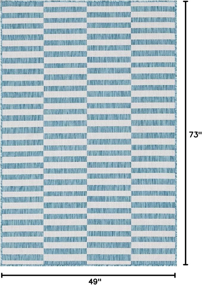 Unique Loom Outdoor Striped Collection Area Rug - Striped (4' 1" x 6' 1" Rectangle, Light Aqua/Ivory)